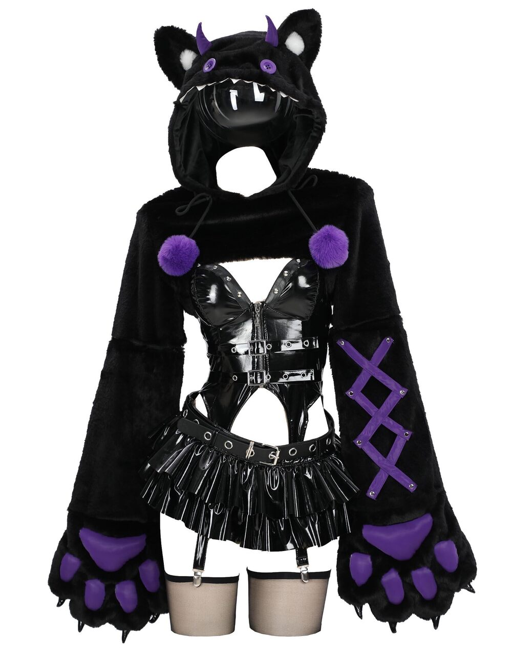 9968 MEOWCOS Paw Hoodie Top Set Gothic PU Leather Corset Top and Mini Skirt